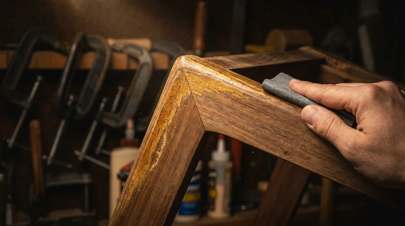 Macro shot of a hand sanding an old wooden chair to reveal the raw grain underneath.