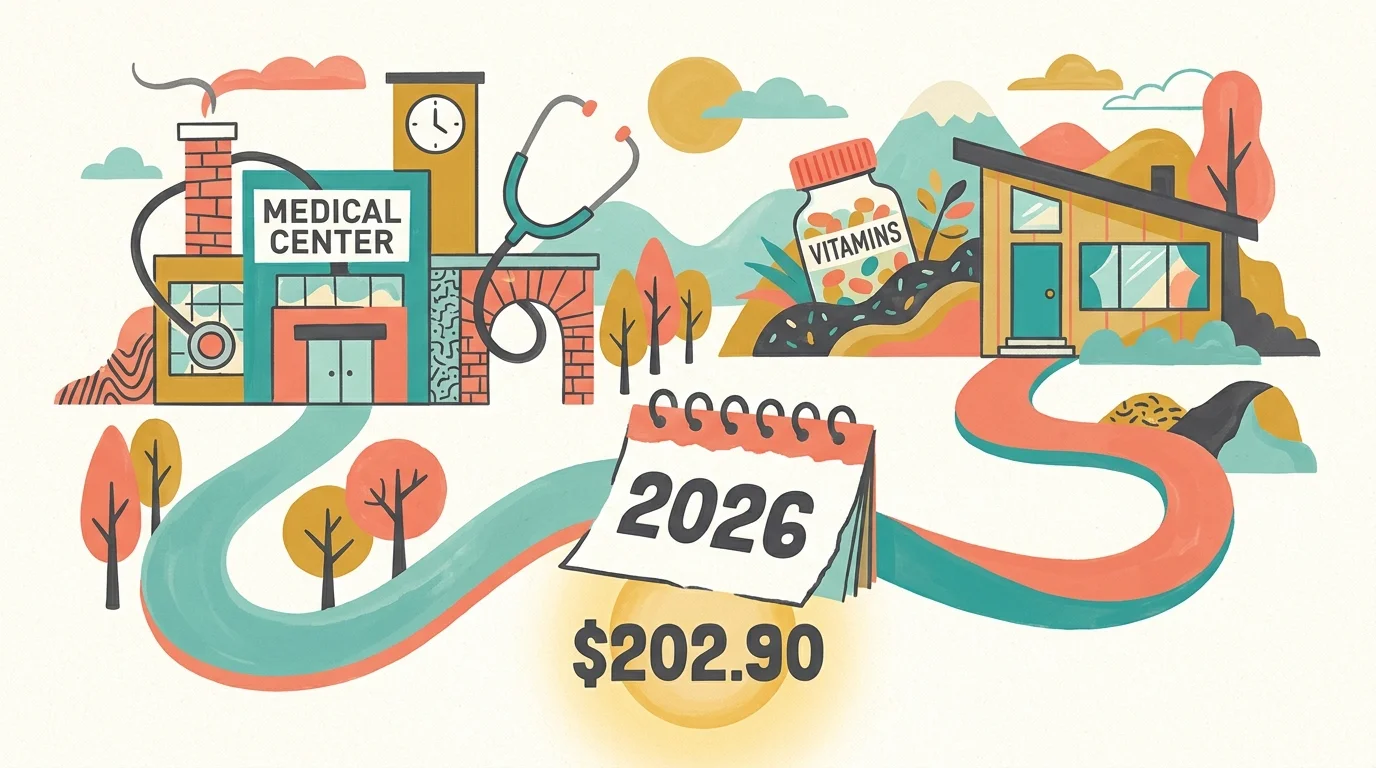 Mid-century modern illustration showing a path between a home and a medical center with the 202.90 dollar premium highlighted.