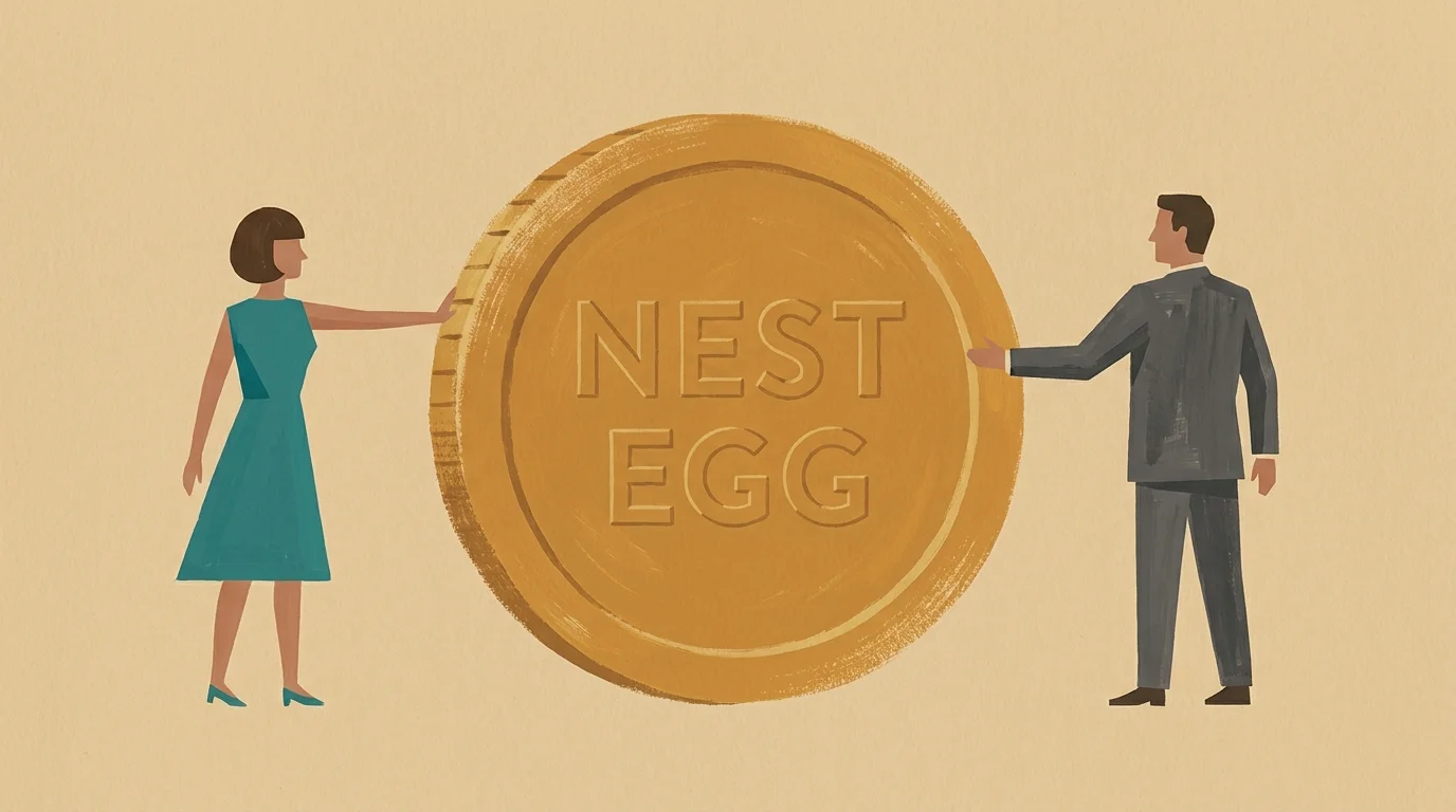 Minimalist gouache painting of a couple together balancing a giant gold coin labeled Nest Egg.