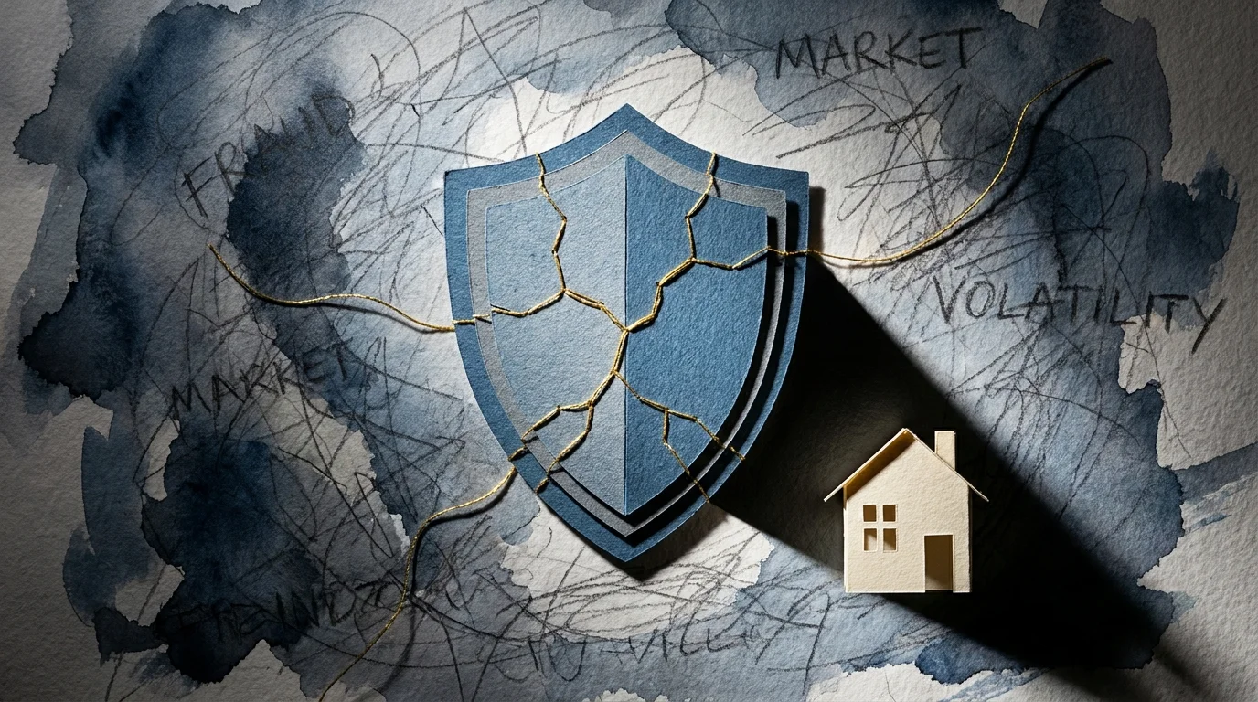 Mixed media art of a cracked shield being repaired with gold thread, protecting a small paper house from dark, chaotic shadows.