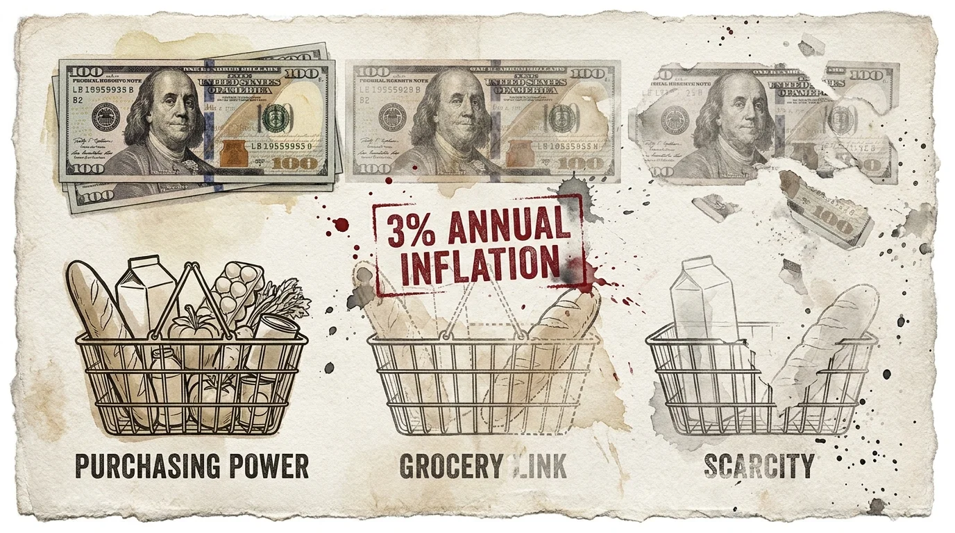 Mixed media art showing a dollar bill fading and items disappearing from a grocery basket, representing inflation's impact.