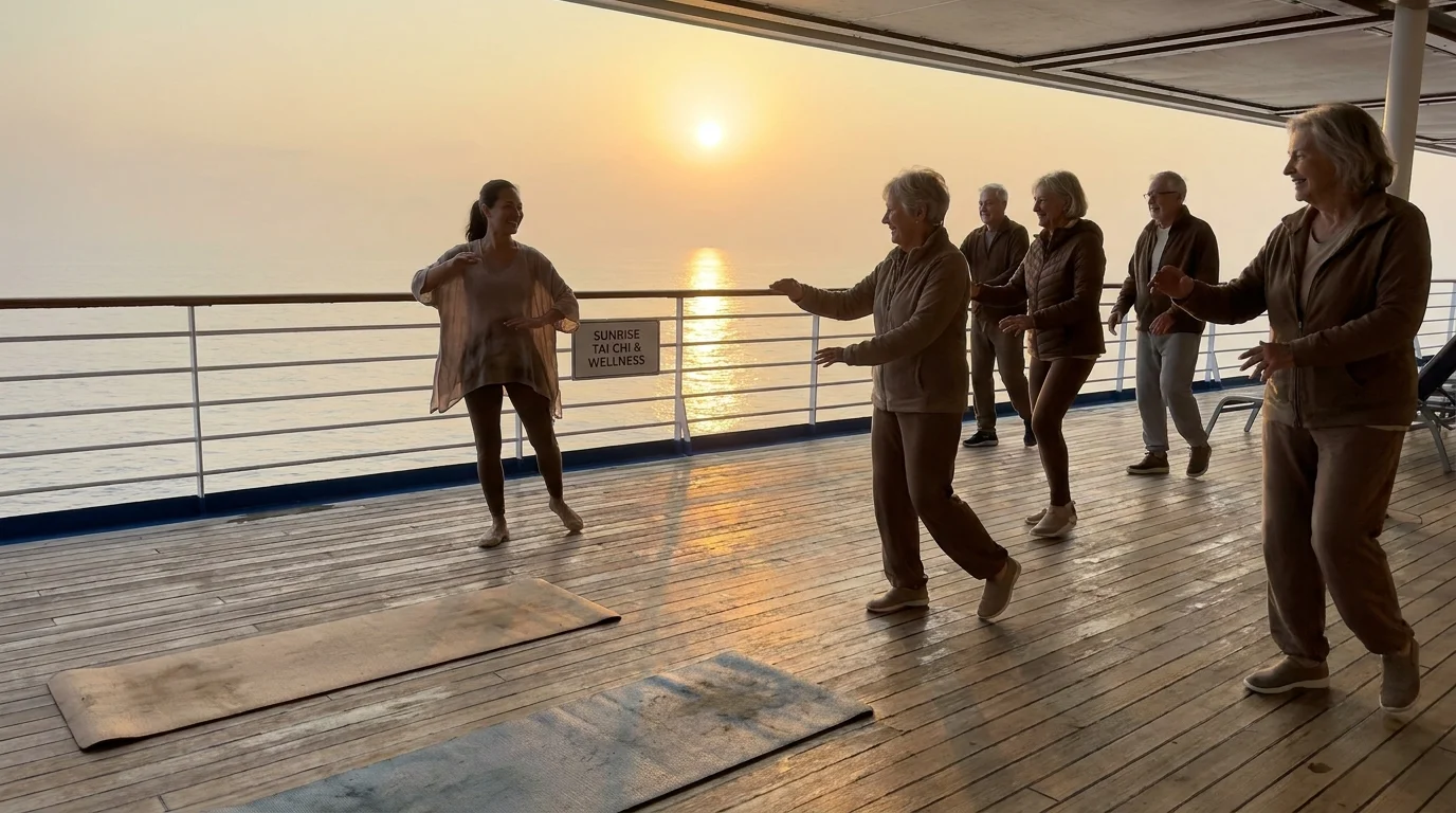 Senior travelers participate in a gentle morning Tai Chi class on the open deck of a cruise ship at sea.
