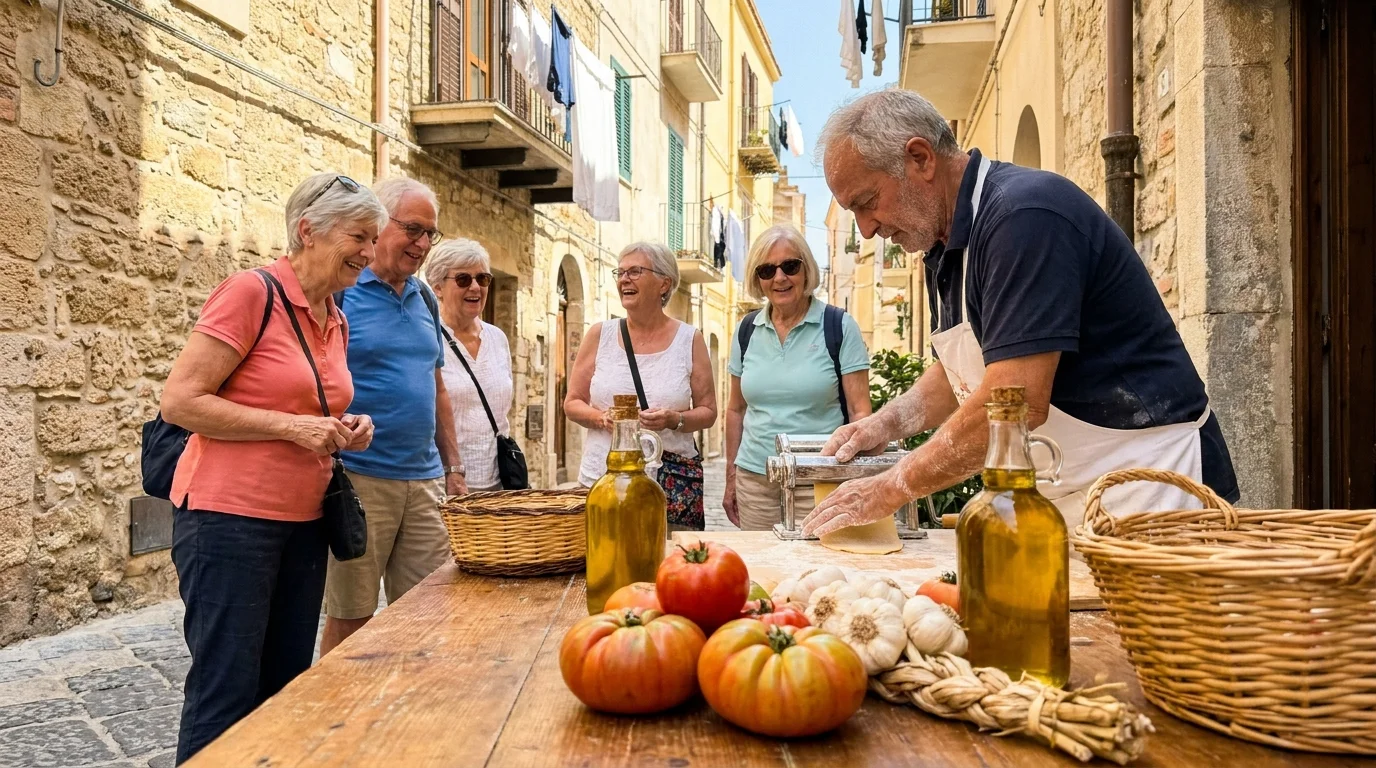 Senior travelers participate in a pasta-making demonstration at an outdoor market in a Mediterranean village.