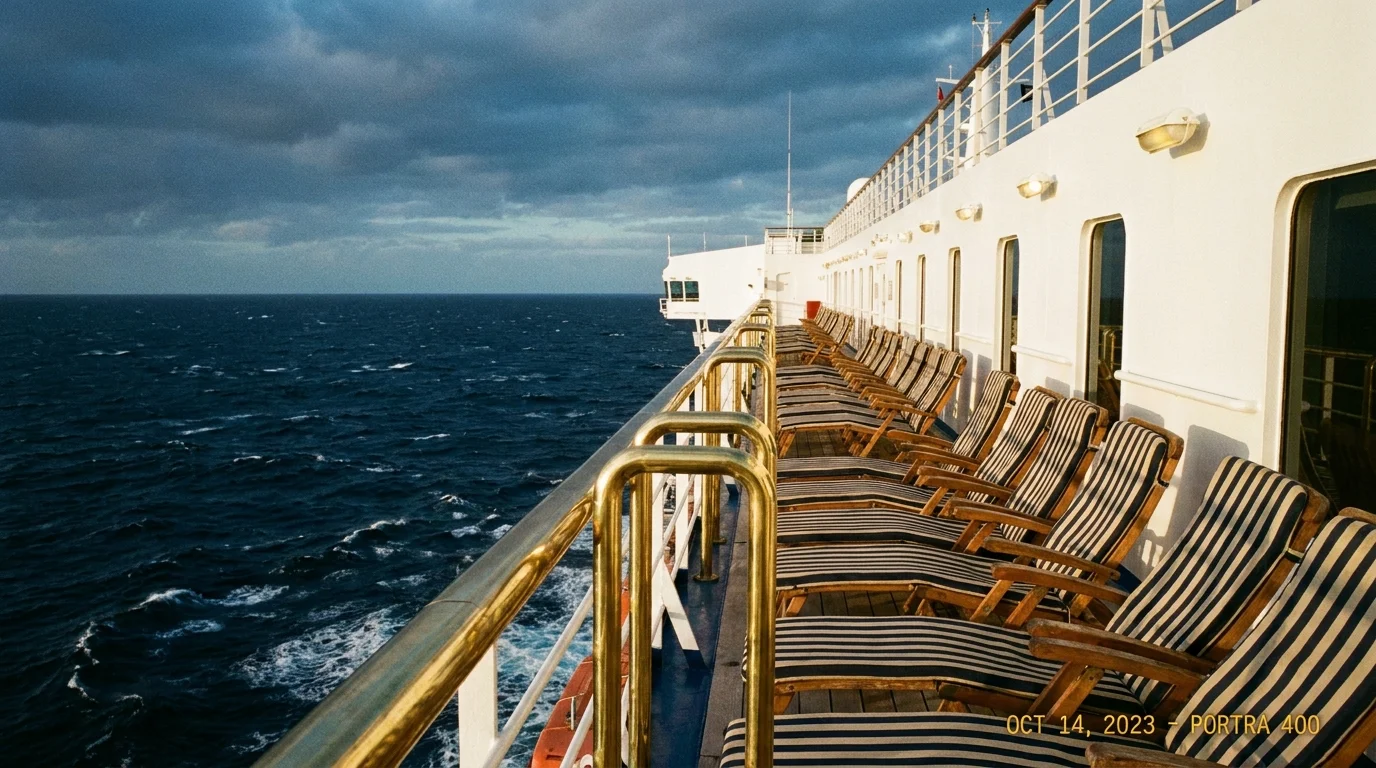 The classic wooden deck chairs and polished brass railings of a Cunard ship facing the vast Atlantic Ocean.
