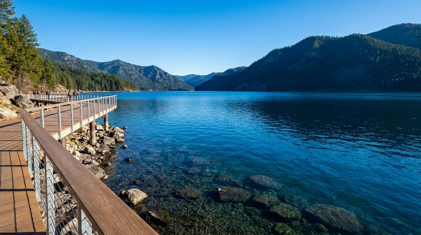 The deep blue water of Lake Coeur d'Alene surrounded by evergreen mountains and a public boardwalk.