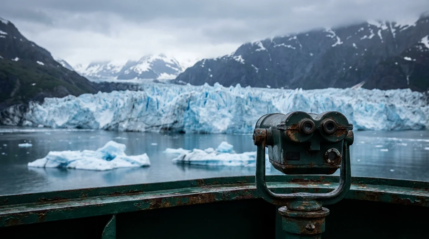The massive blue Hubbard Glacier viewed from the observation deck of a cruise ship in Alaska.
