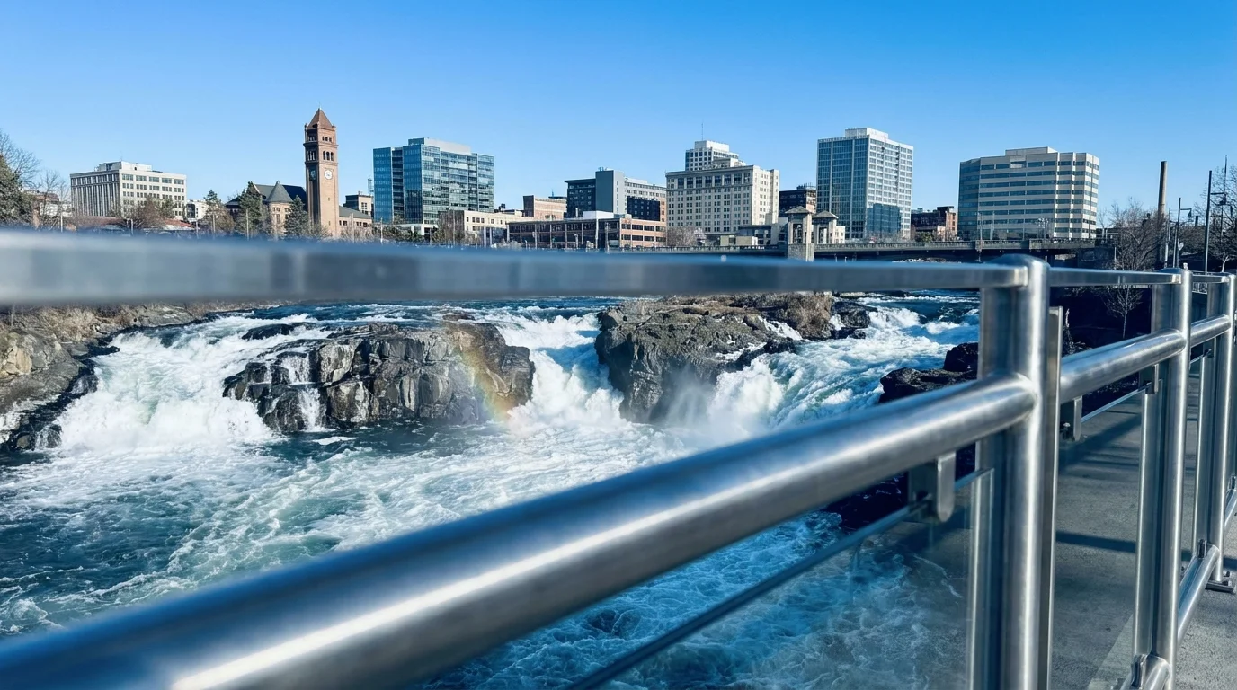 The Spokane River falls crashing over rocks with the city skyline and clock tower in the background.