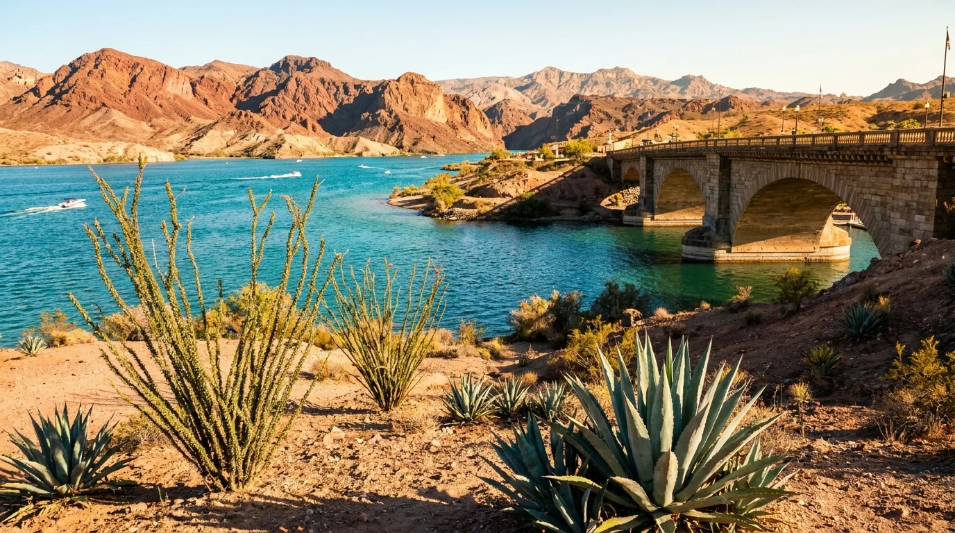 The turquoise water of Lake Havasu in Arizona, featuring the London Bridge and red-rock desert mountains.