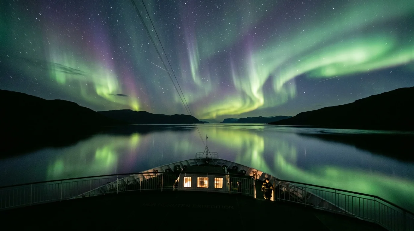 The vibrant green Northern Lights dance over a cruise ship in a dark Norwegian fjord at night.