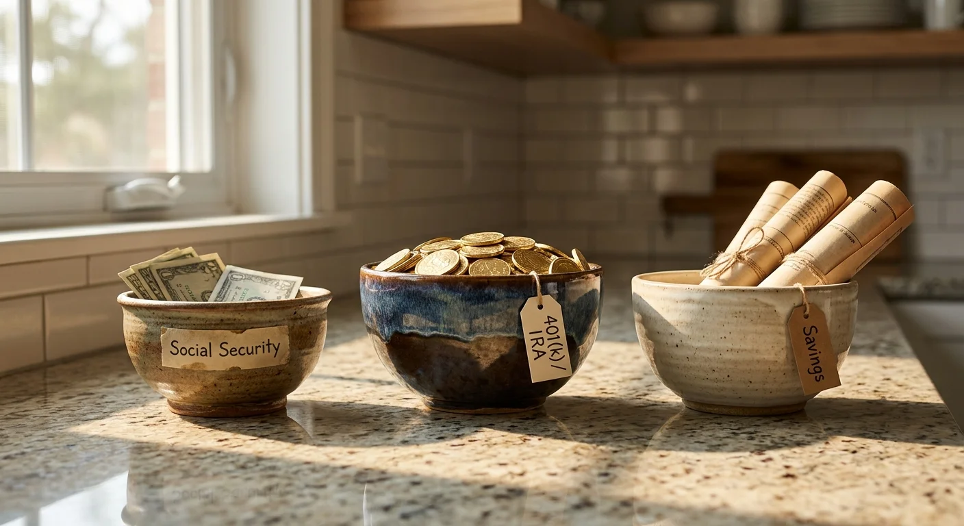 Three ceramic bowls on a counter labeled Social Security, 401k, and Savings, showing a diversified income stream.