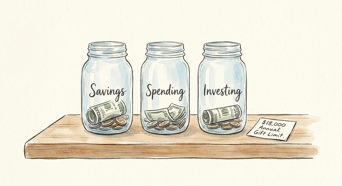 Three watercolor jars labeled Savings, Spending, and Investing, with a note mentioning the $18,000 gift limit.