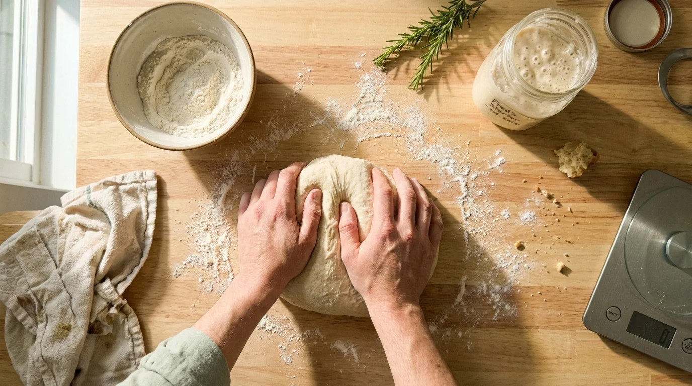 Top-down view of a person kneading bread dough on a floured wooden counter in a sunlit kitchen.