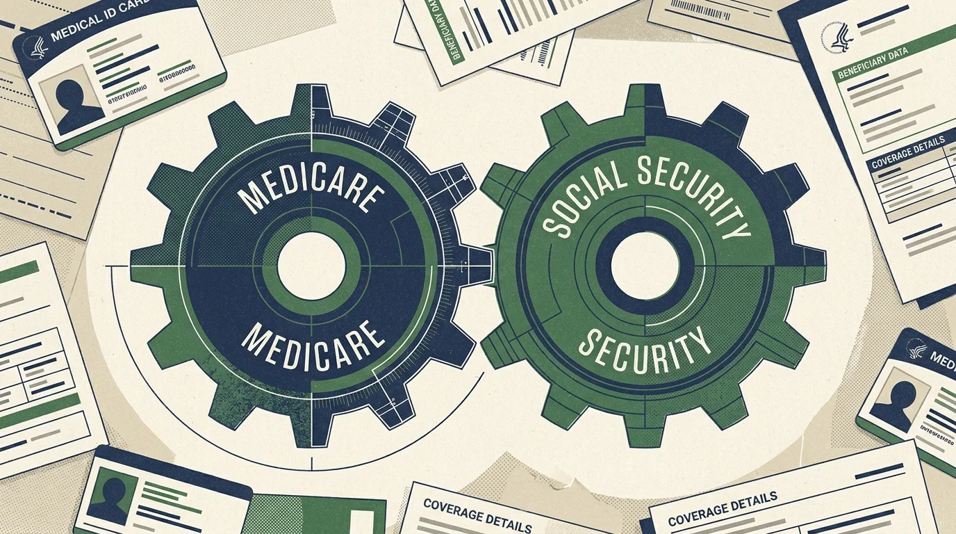 Two interlocking gears labeled Medicare and Social Security, representing the need for financial synchronization.
