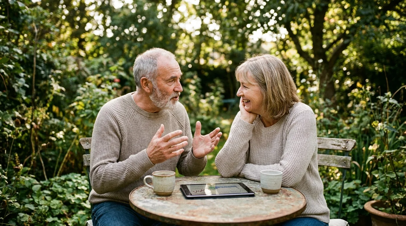 Two seniors having a serious but pleasant discussion over coffee on a sunlit patio.