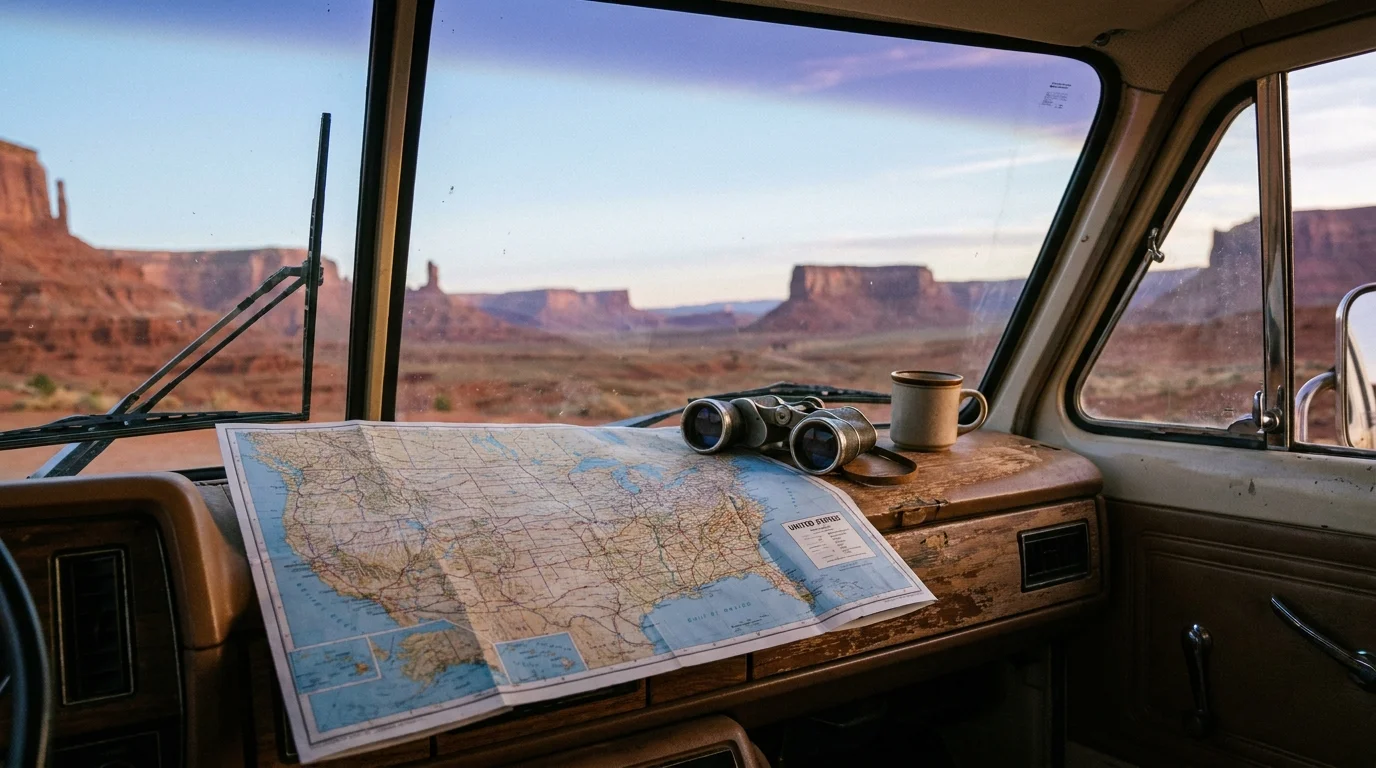 View from inside a camper van looking out at red rock mesas at dawn, with a road map and binoculars on the dashboard.