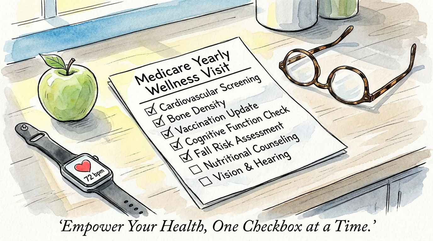 Watercolor illustration of a Medicare wellness checklist, reading glasses, and an apple on a counter.