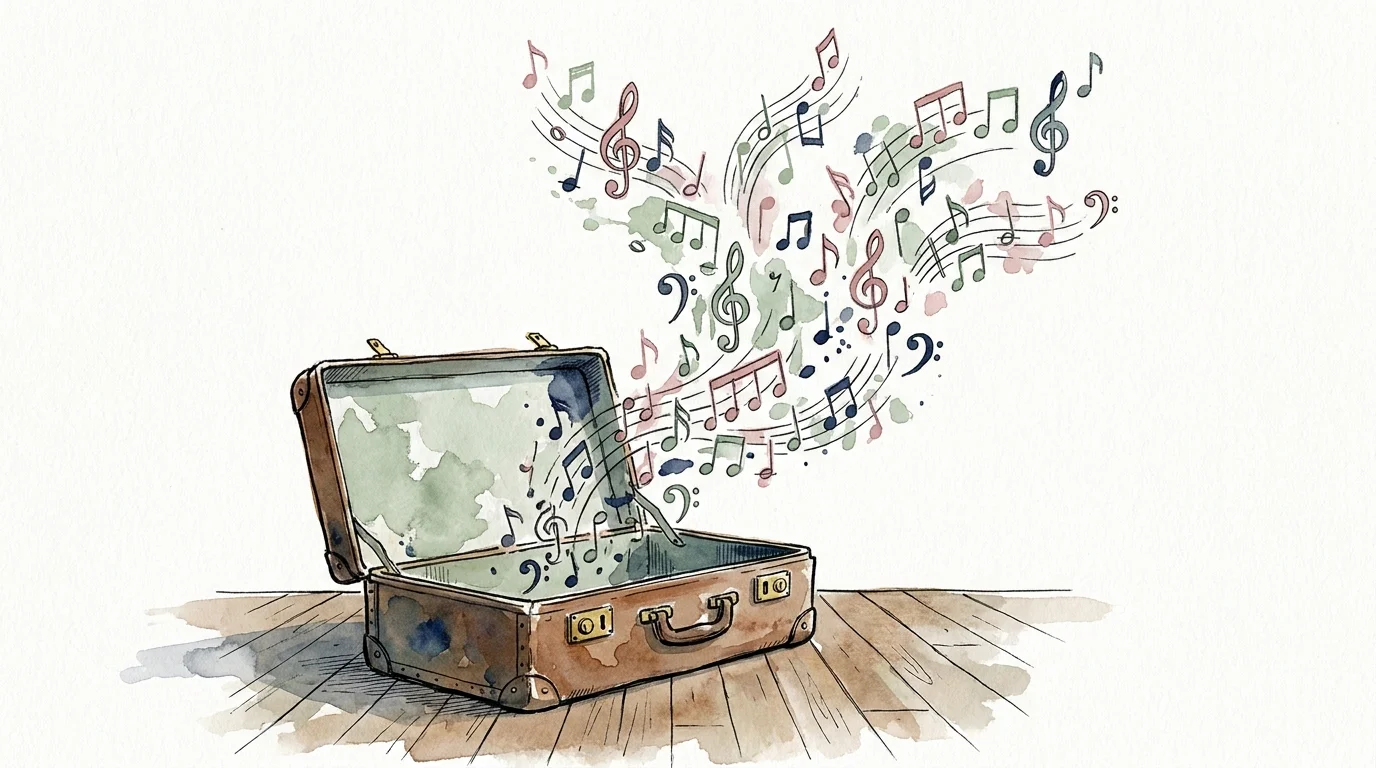 Watercolor illustration of a suitcase opening to release a flurry of musical notes, symbolizing the shift to experience-based retirement.