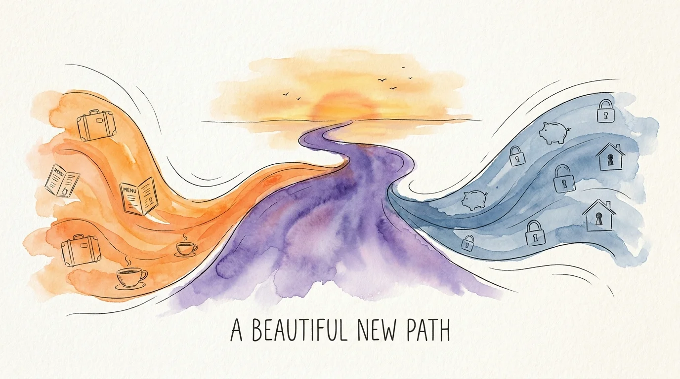 Watercolor illustration of two different colored streams—one representing spending and one saving—merging into a single river.