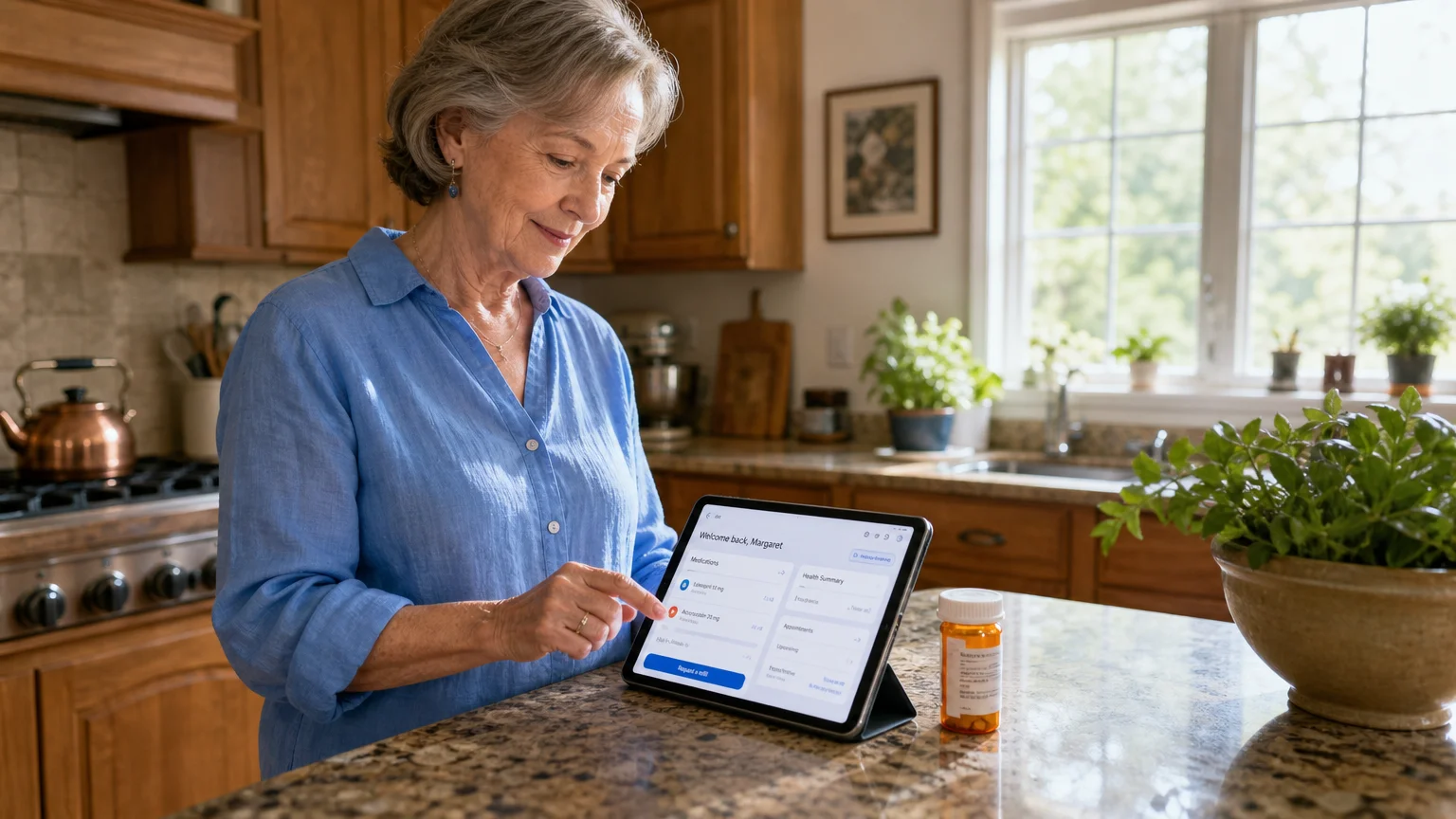 A candid photo of a senior woman in her kitchen using a tablet to look up medical assistance programs next to a prescription bottle.