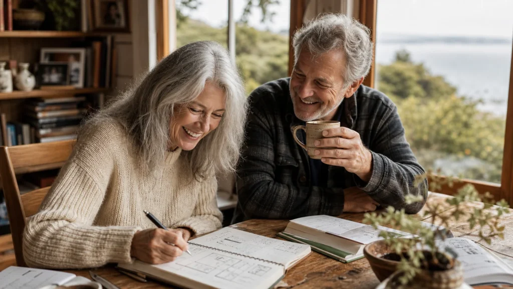 A candid photograph of a vibrant older couple smiling and planning together at a sunny wooden table in their coastal home.