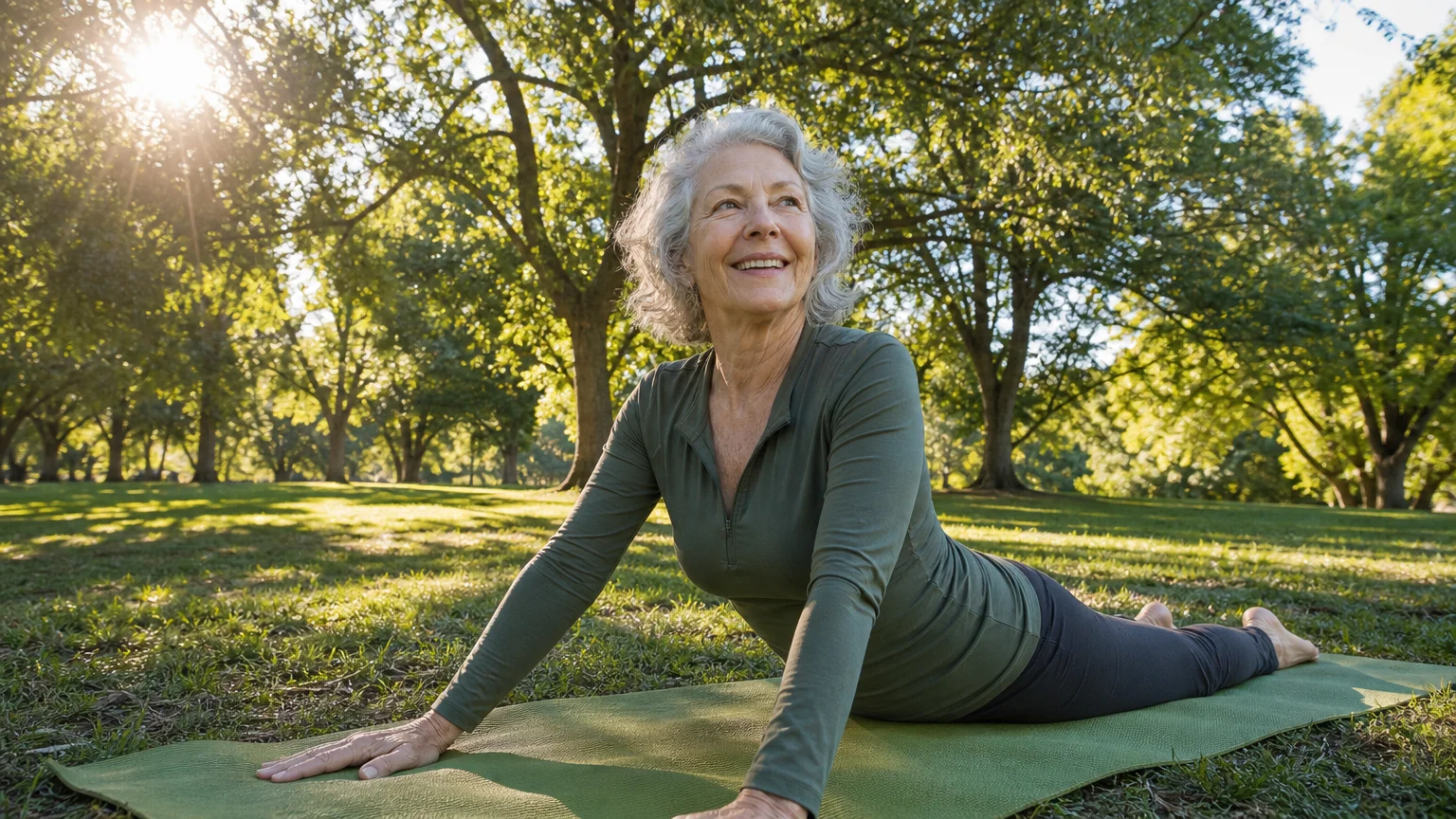 A candid photograph of an older woman joyfully practicing yoga in a sun-dappled green park during a bright morning.