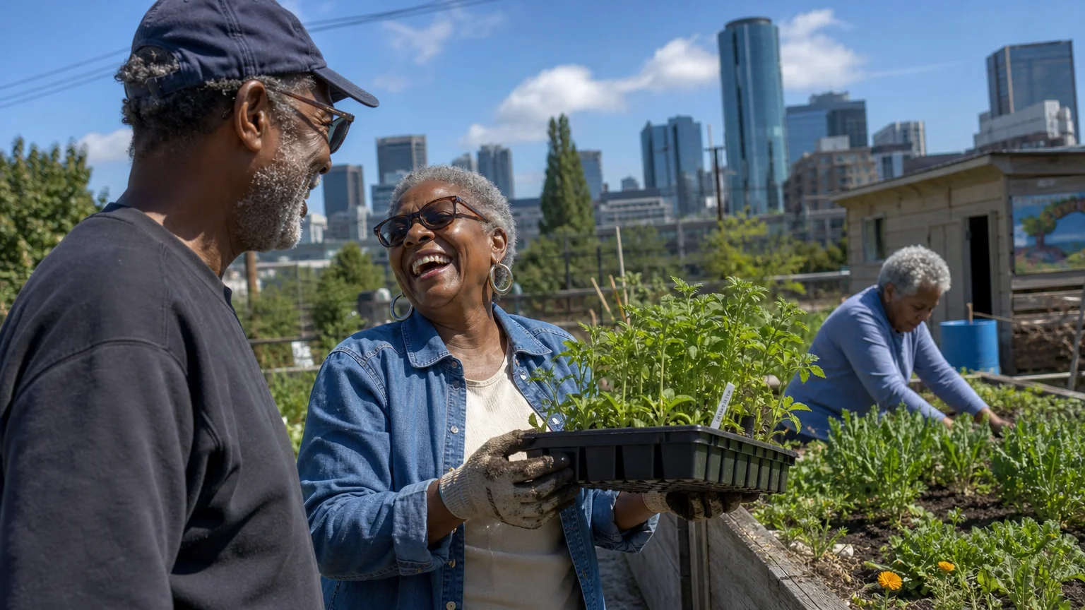 A candid smartphone-style photo of seniors laughing and gardening together in a vibrant community garden.