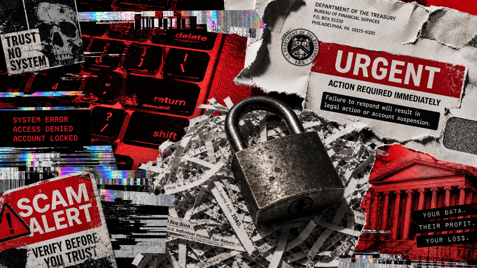 A chaotic collage of red warning signs, shredded paper, and a padlock, representing tax scams.