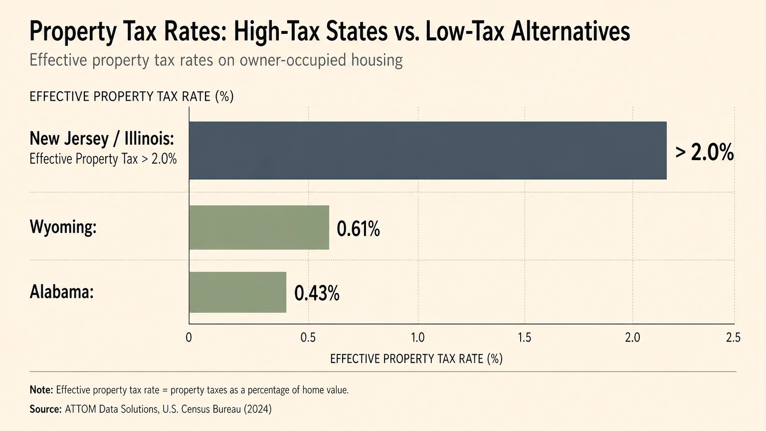A clean data visualization comparing property tax rates, showing New Jersey and Illinois over 2.0 percent versus Wyoming at 0.61 and Alabama