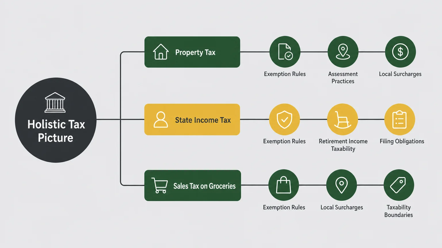 A clean horizontal flowchart diagram mapping out the decision steps for evaluating property, income, and sales taxes.