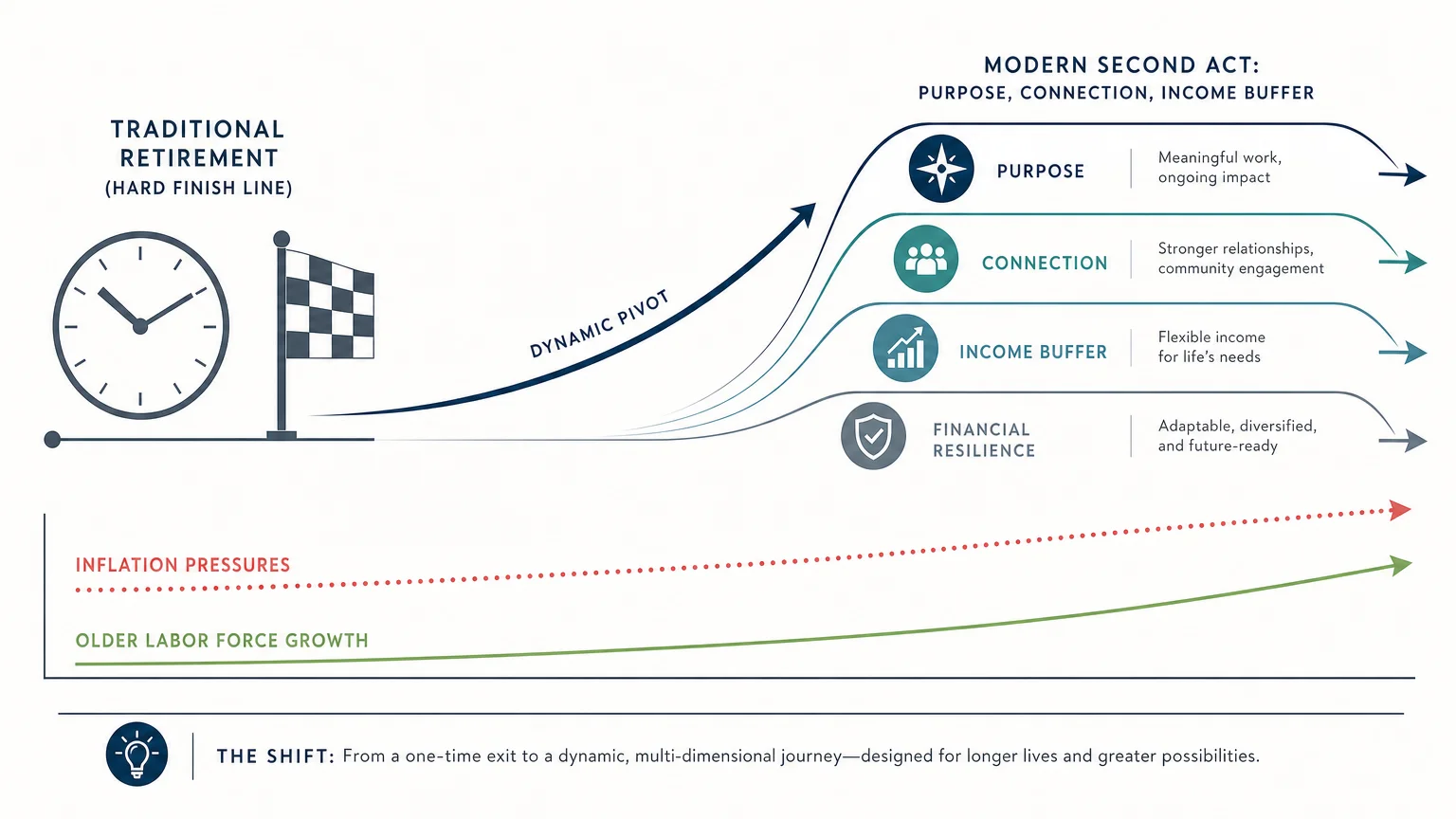 A clean horizontal infographic diagram showing the transition from traditional retirement to a modern second-act career path.