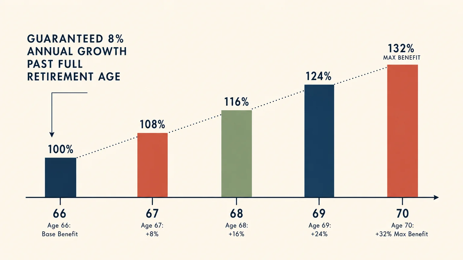 A clean minimalist diagram showing the 8 percent annual benefit growth from age 66 to age 70.