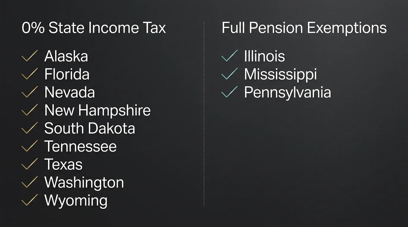 A clean, modern diagram comparing states with zero state income tax to those with full pension exemptions in two elegant columns.