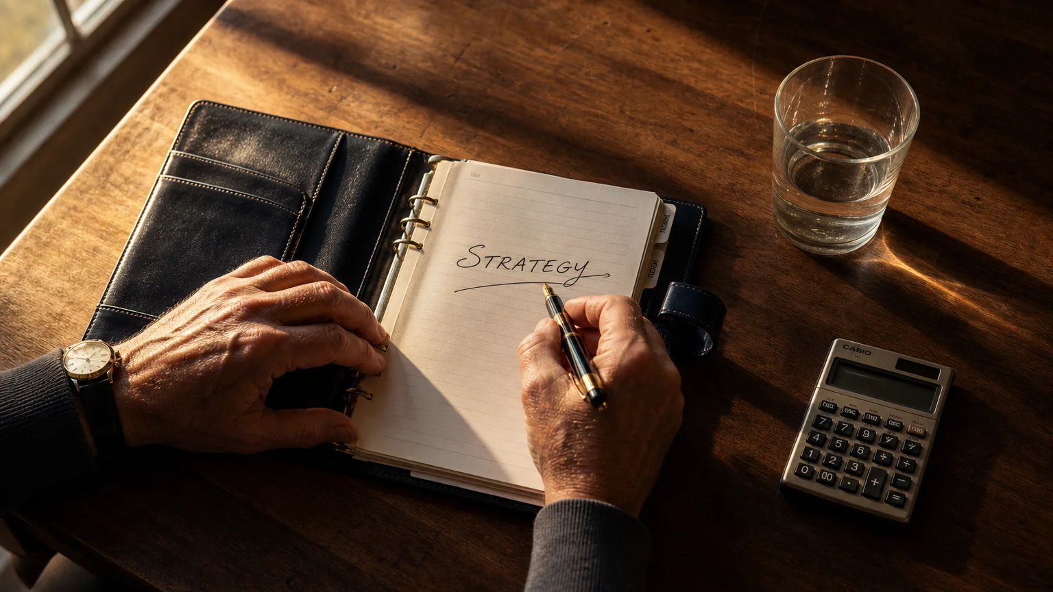 A close-up of a retiree's hands writing the word 'STRATEGY' in a planner on a wooden table.