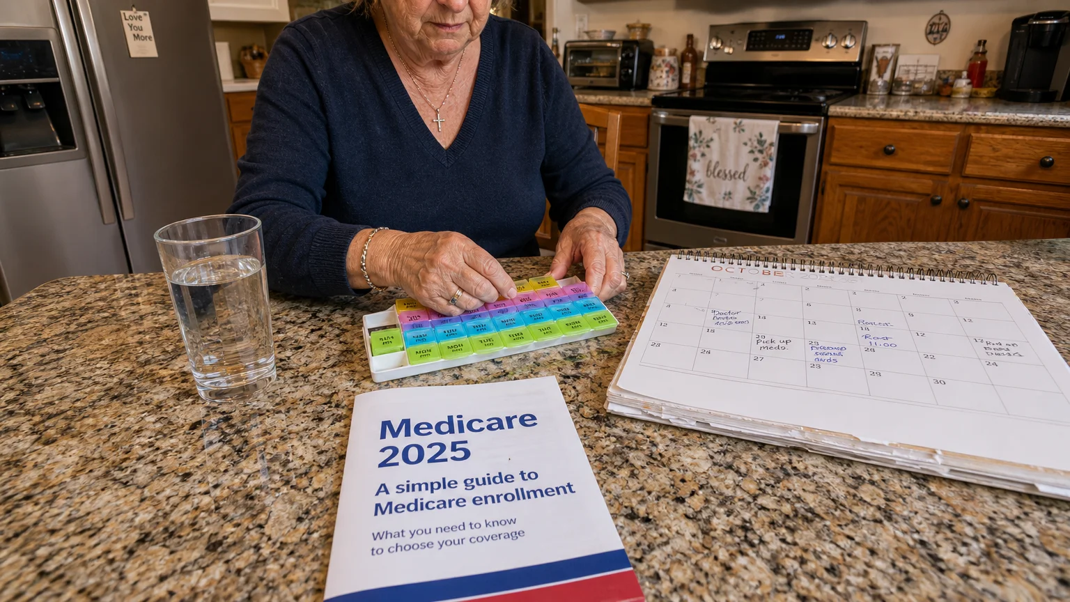A close-up of a senior woman's hands organizing medication alongside a Medicare guide on a kitchen counter.