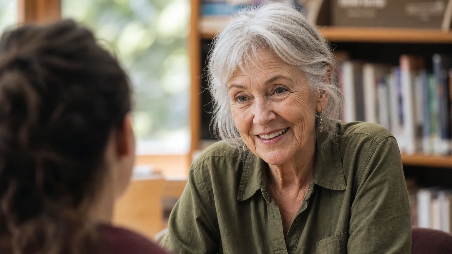 A close-up of a smiling senior woman with silver hair talking to someone in a library setting.