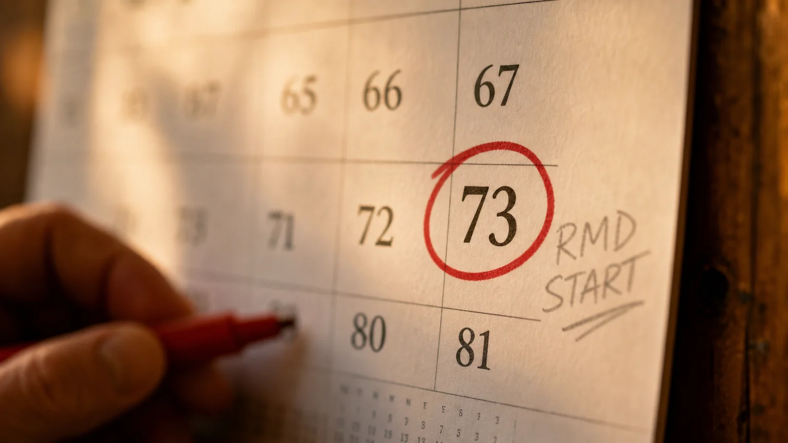 A close-up photo of a calendar with the number 73 circled in red, labeled 'RMD START'.