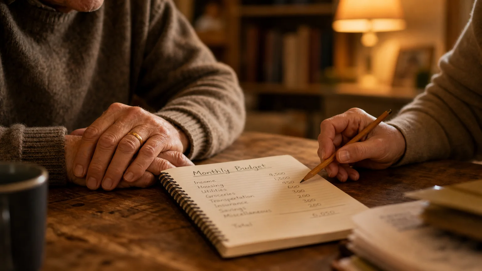 A close-up photo of a senior's hands reviewing a notebook labeled 'Monthly Budget' alongside an advisor's hand pointing with a pencil.