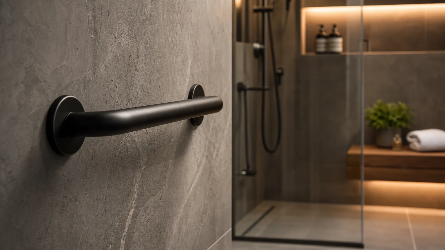 A close-up photograph of an elegant matte-black safety grab bar mounted on modern slate-gray tiles in a barrier-free bathroom.