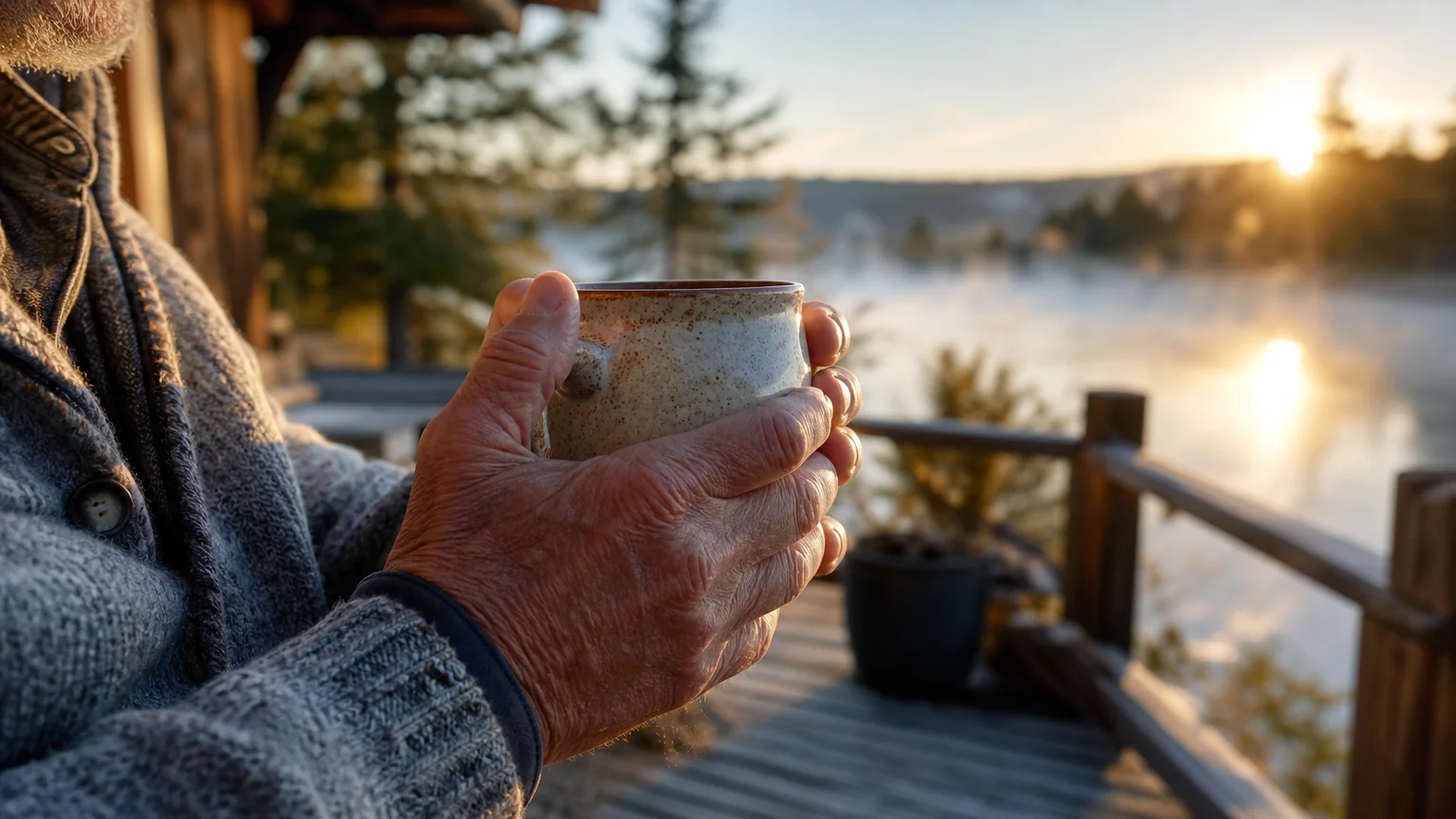 A close-up shot of an older person's hands holding a warm mug on a rustic deck overlooking a quiet, misty lake at sunrise.