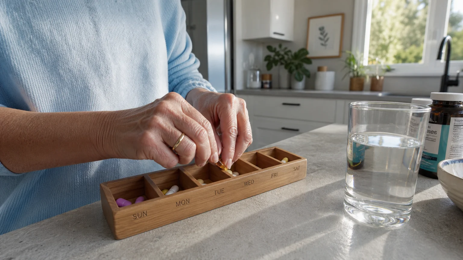 A close-up snapshot of a senior woman's hands organizing her daily vitamins in a wooden container next to a glass of water.