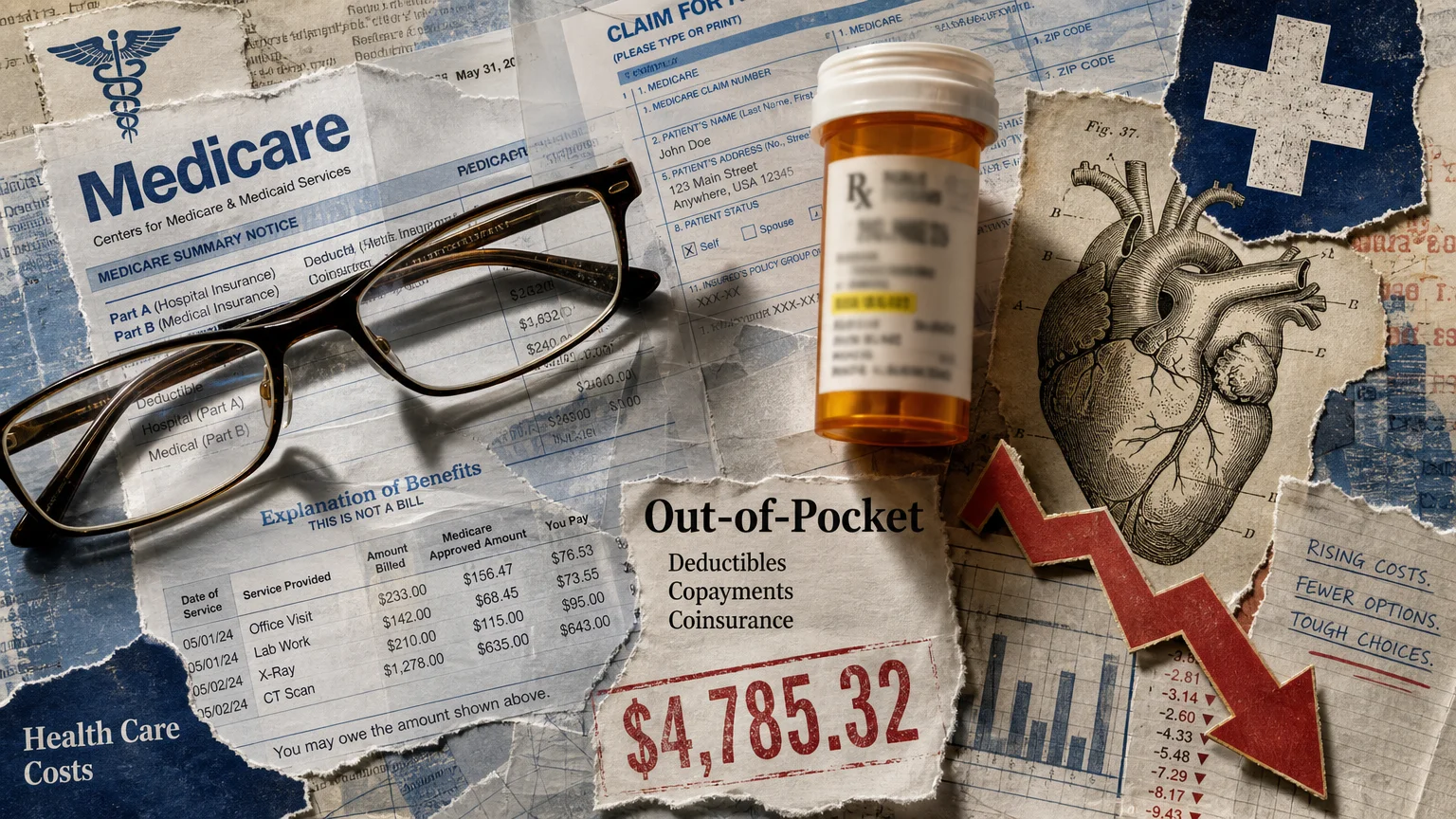 A collage of Medicare forms, medical symbols, and reading glasses, representing the burden of healthcare costs.
