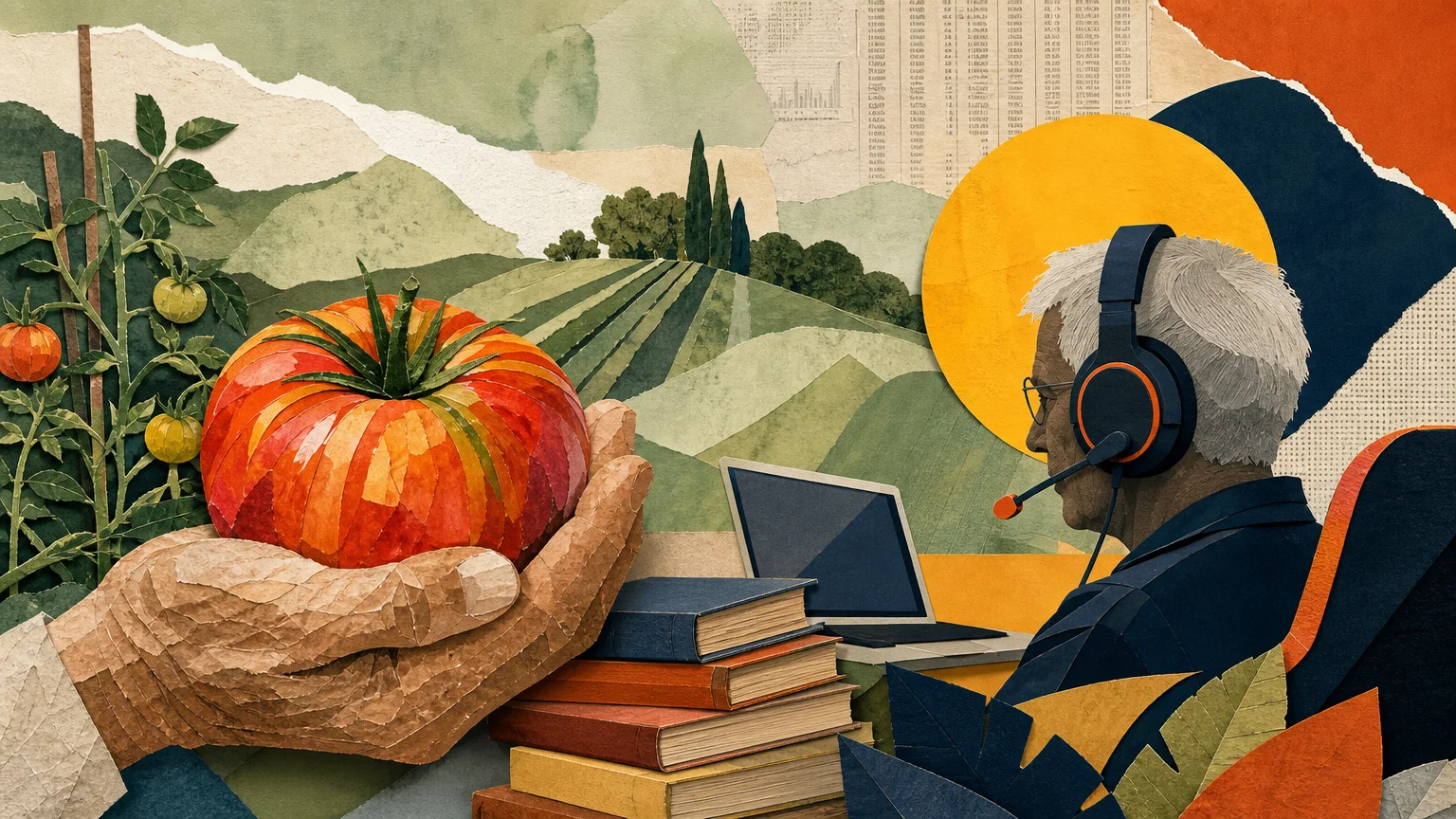A colorful mixed-media collage showing a senior's hand with a tomato, a gaming headset silhouette, and books against a textured background.