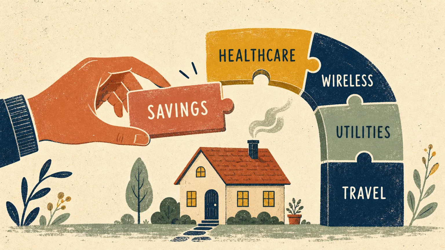 A colorful screenprint illustration showing blocks labeled with budget categories forming a protective arch over a small house.