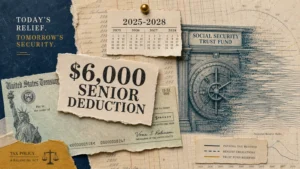 A conceptual collage featuring the text $6,000 Senior Deduction over vintage ledger paper and a dissolving Social Security vault symbol.