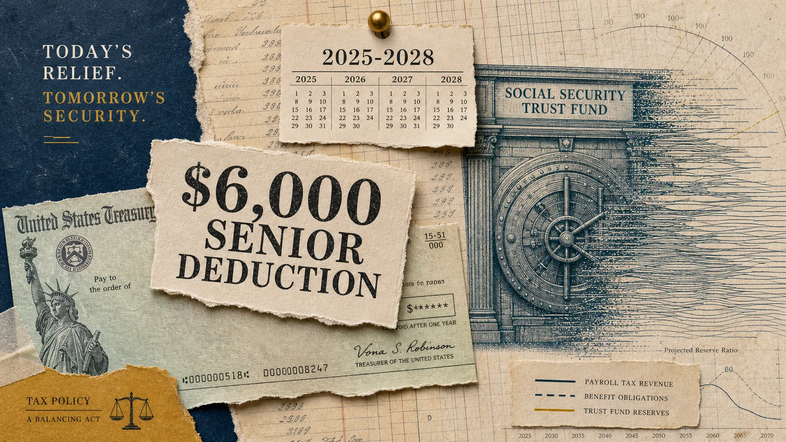 A conceptual collage featuring the text $6,000 Senior Deduction over vintage ledger paper and a dissolving Social Security vault symbol.