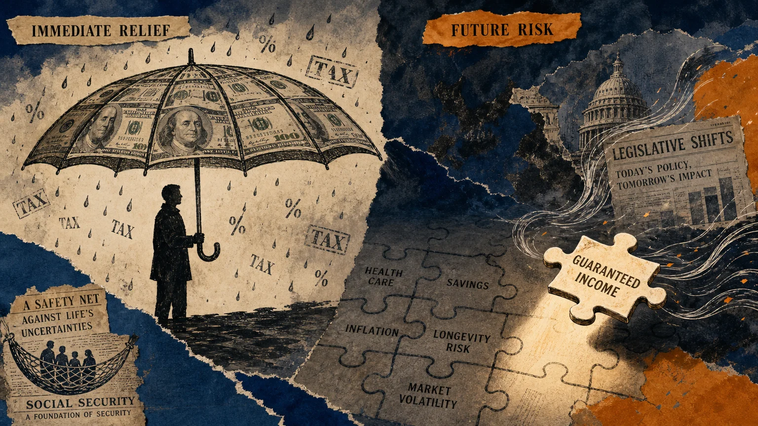 A conceptual collage showing an umbrella made of money and a puzzle piece labeled Guaranteed Income being lifted by wind.