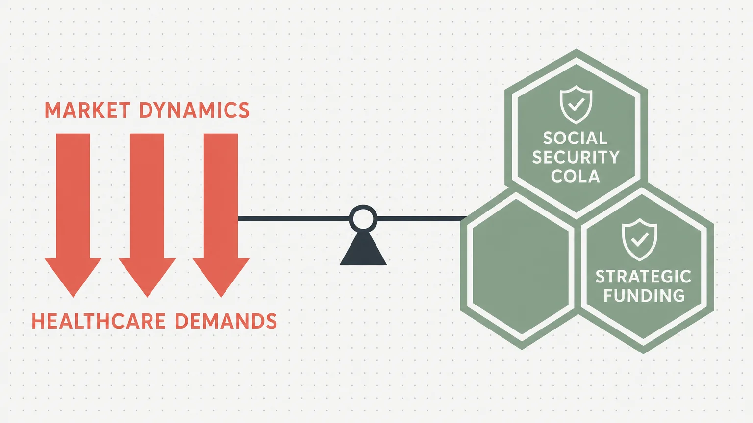A conceptual diagram showing red downward arrows for risks and green hexagonal shields for safeguards.