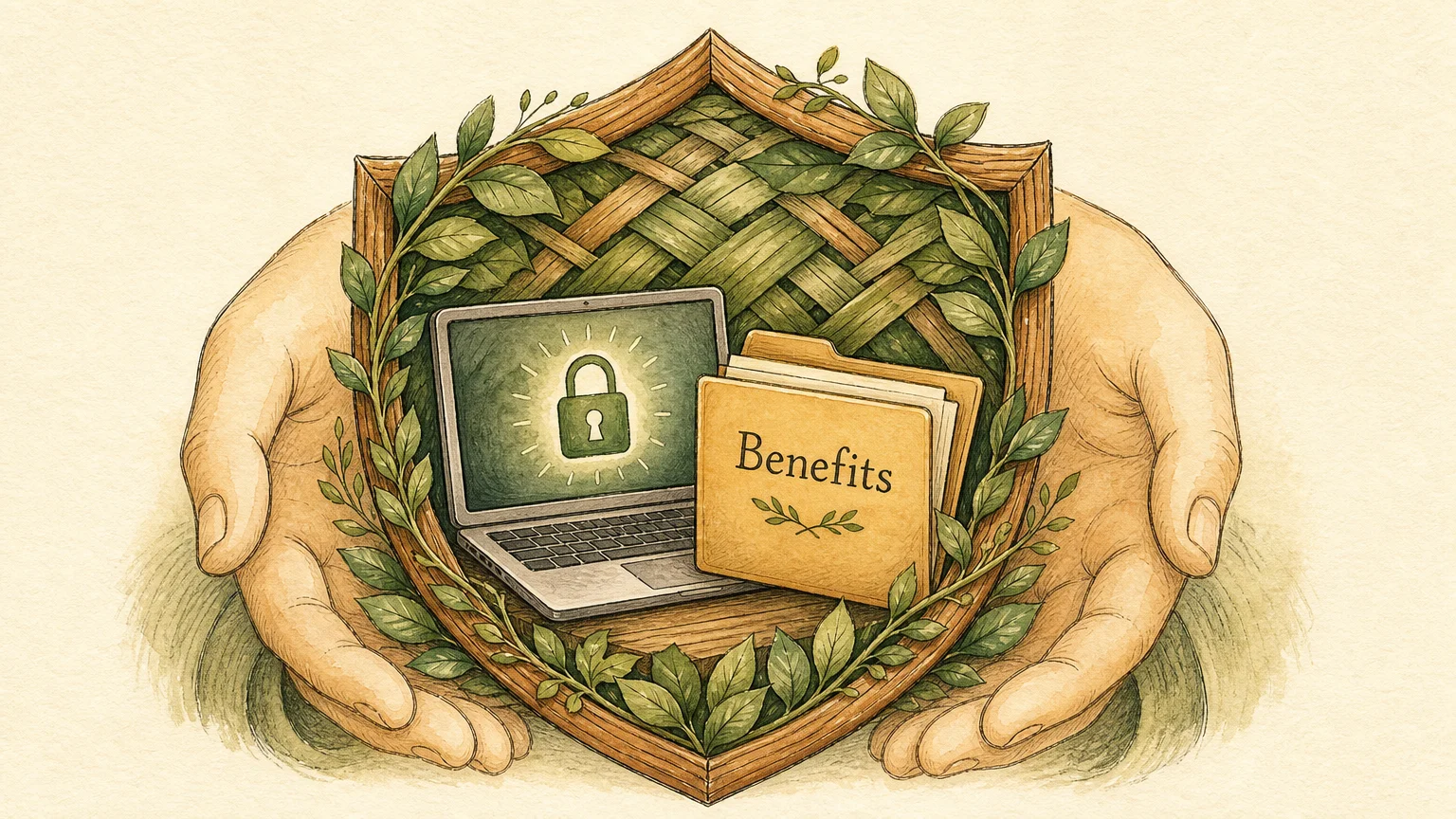 A conceptual gouache illustration of a protective wooden shield surrounding a laptop and a folder labeled Benefits.
