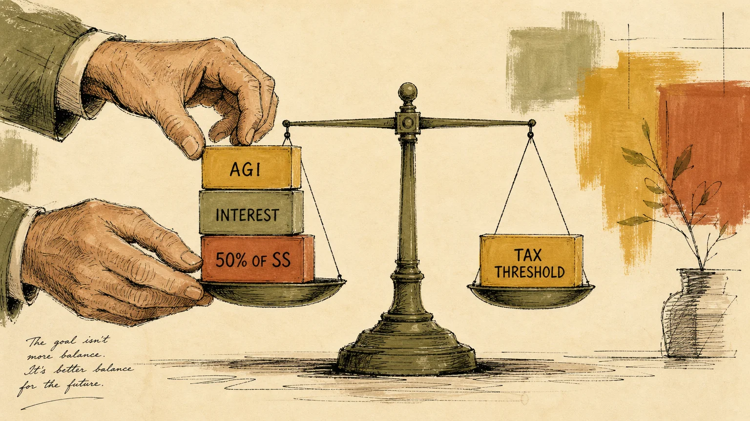 A conceptual illustration of a balance scale aligning provisional income factors against a tax threshold.