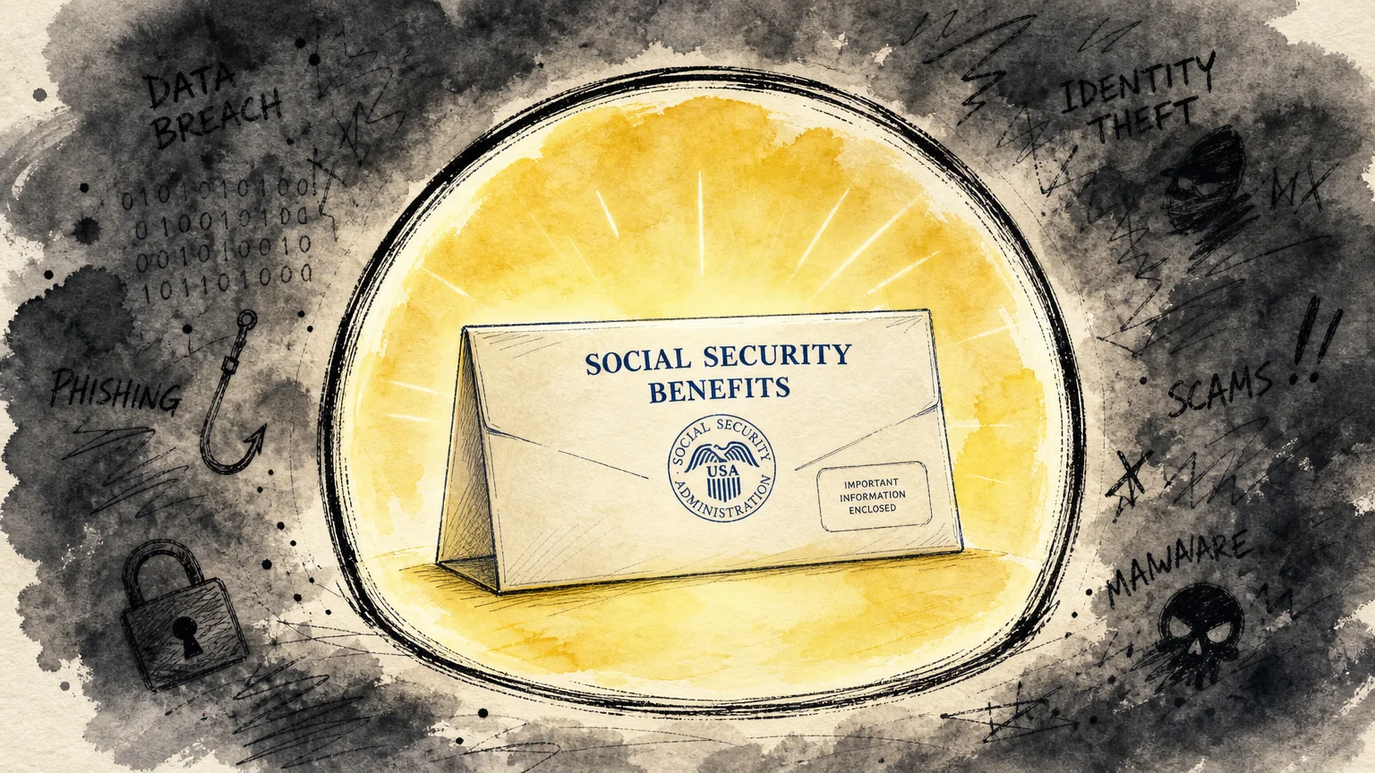 A conceptual ink and watercolor drawing of a protective dome shielding an official document from external dark clouds.